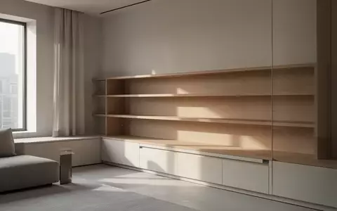 Ein minimalistisch gestalteter, aufgeräumter Wohnbereich mit einer leeren Holzablage in hellem Tageslicht. - Foto: über boerse-global.de