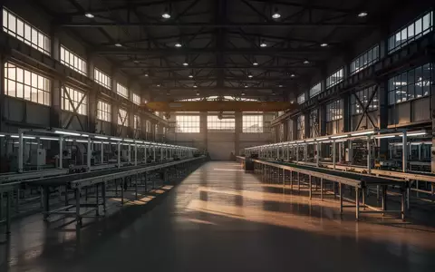 Leere, weitläufige Montagehalle einer Industrieanlage mit stählernen Deckenkonstruktionen und einfallendem Tageslicht. - Foto: über boerse-global.de
