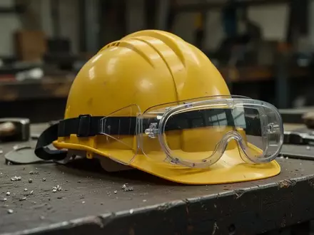 Symbolbild: Schutzhelm und Schutzbrille auf einer Werkbank - Foto: über boerse-global.de