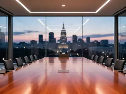 Ein leerer, modern eingerichteter Konferenzraum mit Glaswänden vor einer nächtlichen Stadtkulisse. - Foto: über boerse-global.de