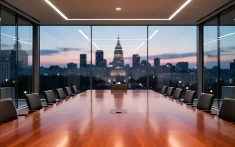 Ein leerer, modern eingerichteter Konferenzraum mit Glaswänden vor einer nächtlichen Stadtkulisse. - Foto: über boerse-global.de