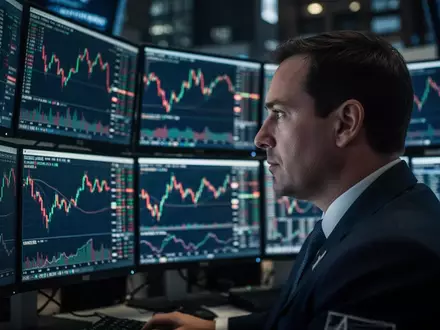 Ein Börsenhändler vor Monitoren mit Aktienkursverläufen an einem Triple Witching Day. - Foto: über boerse-global.de