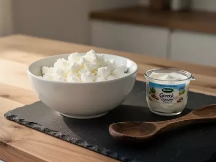 Eine Schale mit Hüttenkäse und griechischem Joghurt auf einer Holzarbeitsfläche in natürlichem Licht. - Foto: über boerse-global.de