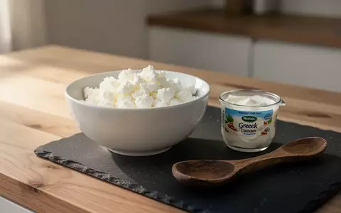 Eine Schale mit Hüttenkäse und griechischem Joghurt auf einer Holzarbeitsfläche in natürlichem Licht. - Foto: über boerse-global.de