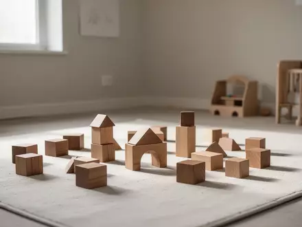 Ein minimalistisch eingerichtetes Kinderzimmer mit Holzbausteinen auf einem Teppichboden bei natürlichem Tageslicht. - Foto: über boerse-global.de