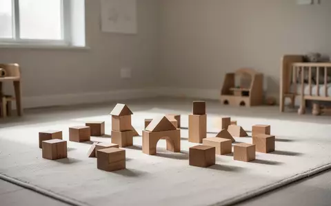 Ein minimalistisch eingerichtetes Kinderzimmer mit Holzbausteinen auf einem Teppichboden bei natürlichem Tageslicht. - Foto: über boerse-global.de