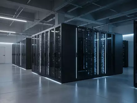 Ein moderner, minimalistischer Serverraum mit geordneten Racks in gedimmtem blauem Licht, der technologische Infrastruktur symbolisiert. - Foto: über boerse-global.de