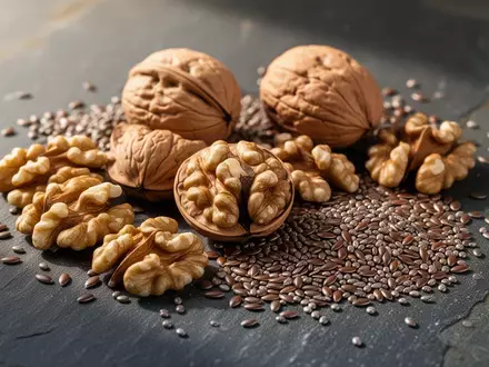 Nahaufnahme von Walnüssen, Leinsamen und Chiasamen auf einer dunklen Steinoberfläche als natürliche Omega-3-Quellen. - Foto: über boerse-global.de