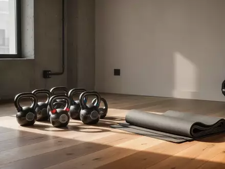 Minimalistischer Fitnessbereich mit Kettlebells und Yogamatte in hellem, natürlichem Tageslicht. - Foto: über boerse-global.de