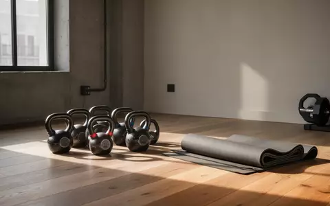 Minimalistischer Fitnessbereich mit Kettlebells und Yogamatte in hellem, natürlichem Tageslicht. - Foto: über boerse-global.de