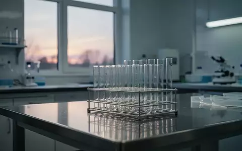 Leere Reagenzgläser in einem klinischen Labor auf einer Edelstahlarbeitsfläche bei sanftem Tageslicht - Foto: über boerse-global.de
