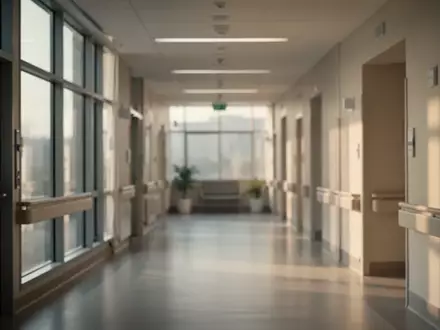 Ein moderner, ruhiger Krankenhausflur mit hellem, natürlichem Licht, das durch große Fenster fällt. - Foto: über boerse-global.de