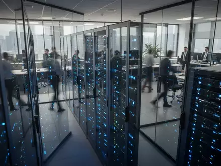 Moderne Serverräume in einem Rechenzentrum mit leuchtenden blauen LEDs in einer professionellen Büroumgebung. - Foto: über boerse-global.de