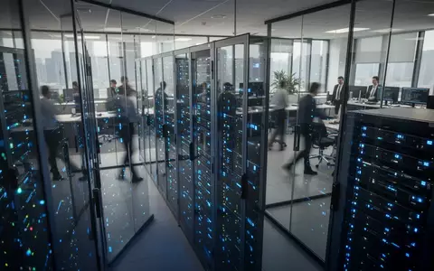 Moderne Serverräume in einem Rechenzentrum mit leuchtenden blauen LEDs in einer professionellen Büroumgebung. - Foto: über boerse-global.de