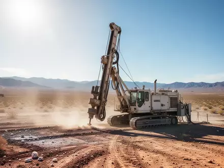 Ein industrielles Bohrgerät auf einer weitläufigen, trockenen Wüstenlandschaft bei der Lithium-Exploration. - Foto: über boerse-global.de