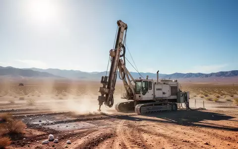 Ein industrielles Bohrgerät auf einer weitläufigen, trockenen Wüstenlandschaft bei der Lithium-Exploration. - Foto: über boerse-global.de