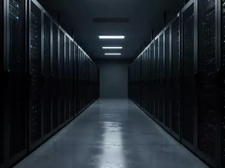 Ein düsterer, moderner Serverraum mit dunklen Serverschränken in einer langen Flucht, beleuchtet durch kühles Umgebungslicht. - Foto: über boerse-global.de