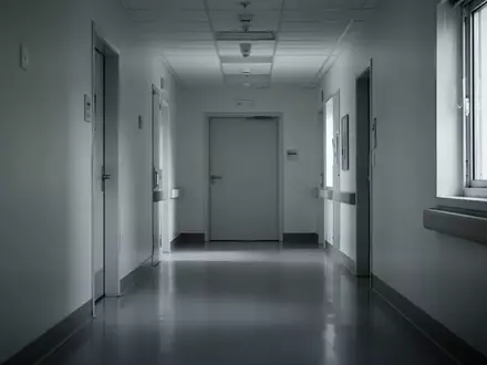Ein leerer, steriler Krankenhausflur mit glattem Boden und geschlossener Tür in einem Pflegegebäude. - Foto: über boerse-global.de