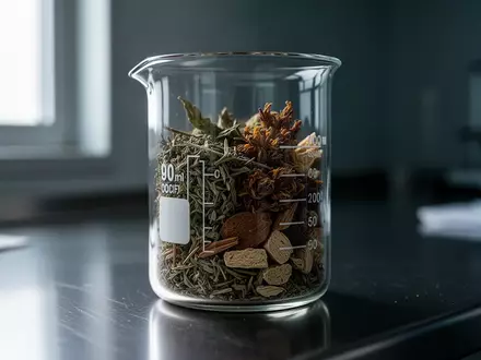 Ein Glasbecher mit getrockneten Heilkräutern auf einem Edelstahltisch in einem Labor. - Foto: über boerse-global.de