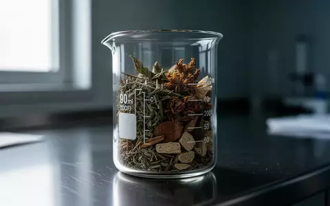 Ein Glasbecher mit getrockneten Heilkräutern auf einem Edelstahltisch in einem Labor. - Foto: über boerse-global.de