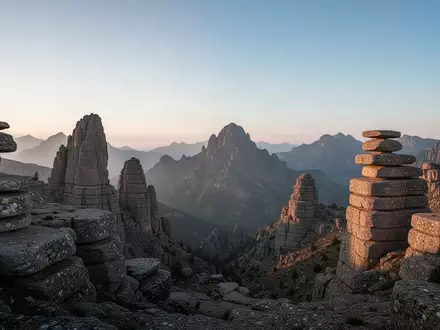 Eine weitläufige, ruhige Berglandschaft mit markanten Gesteinsformationen bei Sonnenaufgang, die Beständigkeit und Ruhe symbolisiert. - Foto: über boerse-global.de