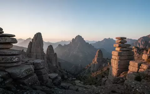 Eine weitläufige, ruhige Berglandschaft mit markanten Gesteinsformationen bei Sonnenaufgang, die Beständigkeit und Ruhe symbolisiert. - Foto: über boerse-global.de