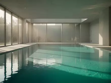 Ein ruhiges, sonnendurchflutetes Schwimmbecken mit klarem türkisfarbenem Wasser und minimalistischer Architektur. - Foto: über boerse-global.de