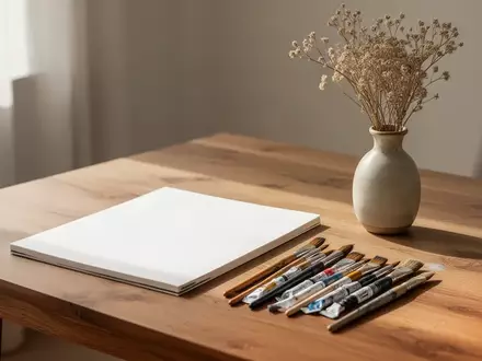 Ein heller, minimalistischer Arbeitsplatz mit einem leeren Skizzenbuch, Aquarellpinseln und einer Vase mit Wildblumen. - Foto: über boerse-global.de