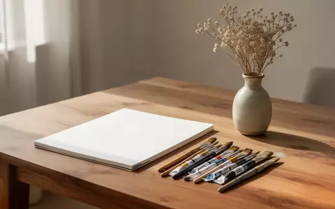 Ein heller, minimalistischer Arbeitsplatz mit einem leeren Skizzenbuch, Aquarellpinseln und einer Vase mit Wildblumen. - Foto: über boerse-global.de
