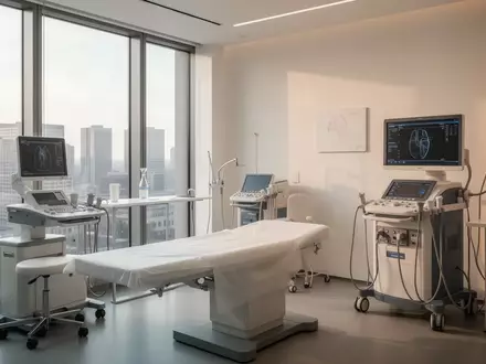 Ein minimalistisch gestalteter medizinischer Untersuchungsraum in einem modernen Bürogebäude mit diagnostischen Geräten. - Foto: über boerse-global.de