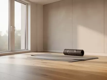 Ein heller, minimalistischer Therapieraum mit einer Fitnessmatte und einer Faszienrolle auf dem Boden in natürlichem Licht. - Foto: über boerse-global.de