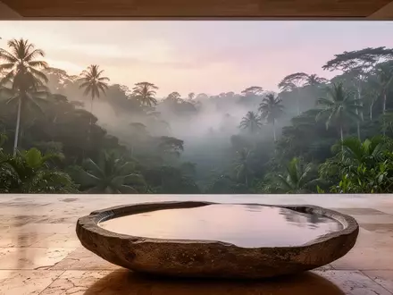 Ein minimalistischer Wellness-Raum mit Natursteinboden und Blick auf einen nebligen tropischen Wald bei Sonnenaufgang. - Foto: über boerse-global.de