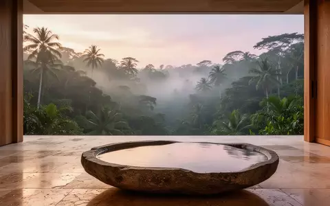 Ein minimalistischer Wellness-Raum mit Natursteinboden und Blick auf einen nebligen tropischen Wald bei Sonnenaufgang. - Foto: über boerse-global.de