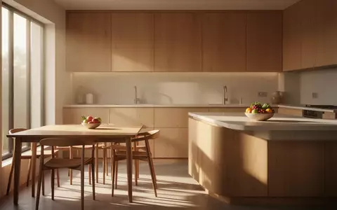 Ein heller, minimalistischer Wohnbereich mit einer Holzküche und einem Esstisch bei natürlichem Morgenlicht. - Foto: über boerse-global.de