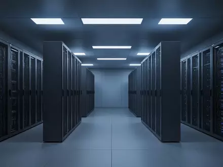 Moderne Serverinfrastruktur in einem minimalistischen Rechenzentrum mit blauer Beleuchtung. - Foto: über boerse-global.de