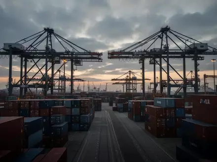 Ein stiller Containerterminal mit großen Verladekränen und gestapelten Containern in der Abenddämmerung. - Foto: über boerse-global.de