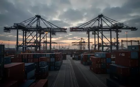 Ein stiller Containerterminal mit großen Verladekränen und gestapelten Containern in der Abenddämmerung. - Foto: über boerse-global.de