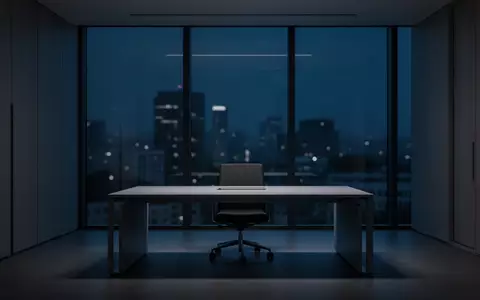 Ein minimalistisches, dunkel beleuchtetes Büro bei Nacht mit einem leeren Schreibtisch und Blick auf eine verschwommene Stadt. - Foto: über boerse-global.de