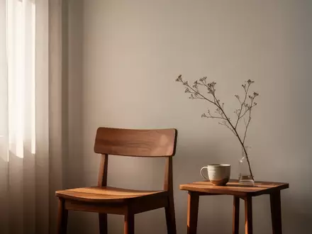 Ein minimalistischer, lichtdurchfluteter Raum mit einem leeren Holzstuhl und einer schlichten Vase auf einem Beistelltisch. - Foto: über boerse-global.de