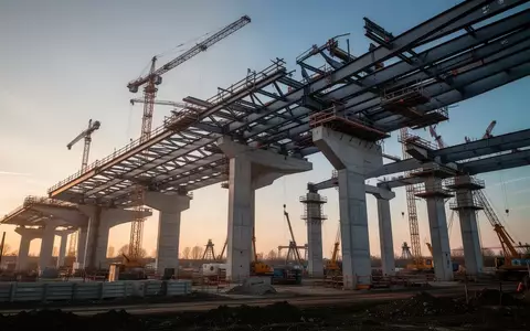Eine weitläufige Baustelle für ein Infrastrukturprojekt mit Stahlträgern und Betonpfeilern in der Morgendämmerung. - Foto: über boerse-global.de
