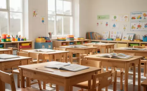 Ein heller, sonnendurchfluteter Grundschulklassenraum mit ordentlich aufgestellten Holztischen und aufgeschlagenen Büchern. - Foto: über boerse-global.de