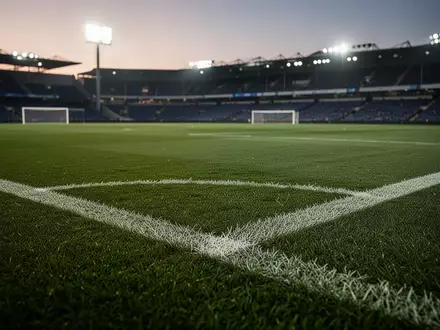 Ein leerer Fußballplatz bei Dämmerung mit grüner Rasenfläche und weißen Linien. - Foto: über boerse-global.de