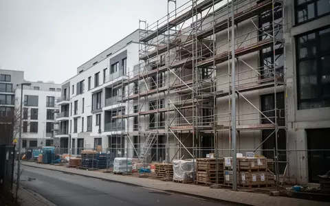 Eine Baustelle mit einem im Bau befindlichen modernen Wohngebäude unter bewölktem Himmel. - Foto: über boerse-global.de