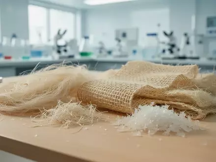 Nahaufnahme von verarbeiteten Bambusfasern und Kitosan-Material auf einem Labortisch zur medizinischen Textilforschung. - Foto: über boerse-global.de