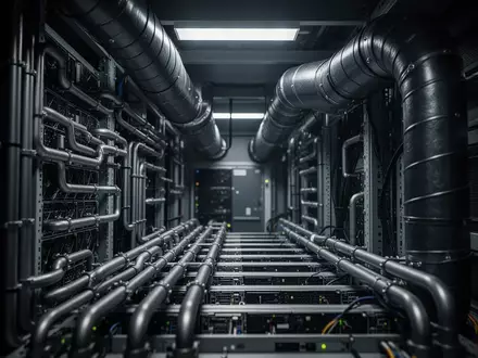 Ein industrielles Server-Rack in einer hochmodernen Anlage mit modularen Kühlleitungen und Lüftungsschächten. - Foto: über boerse-global.de