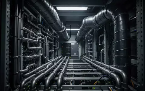 Ein industrielles Server-Rack in einer hochmodernen Anlage mit modularen Kühlleitungen und Lüftungsschächten. - Foto: über boerse-global.de