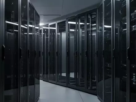 Ein minimalistischer, moderner Serverraum mit leeren, dunklen Serverschränken in einer kühlen, sterilen Umgebung. - Foto: über boerse-global.de