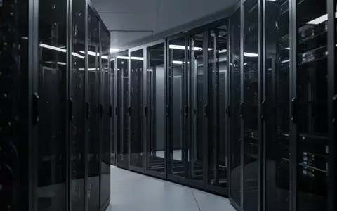 Ein minimalistischer, moderner Serverraum mit leeren, dunklen Serverschränken in einer kühlen, sterilen Umgebung. - Foto: über boerse-global.de