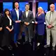 Die Spitzenkandidaten der Parteien für die Berlin-Wahl am 20. September trafen schon bei mehreren Diskussionsrunden aufeinander. Von links nach rechts: Werner Graf (Grüne), Elif Eralp (Linke), Stefan Evers (CDU), Steffen Krach (SPD), Kristin Brinker (AfD) und Michael Lüders (BSW). (Archivbild)  - Bild: Sebastian Gollnow/dpa