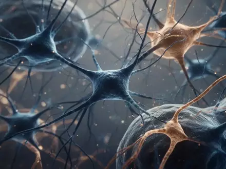 Mikroskopische Aufnahme von neuronalem Gewebe mit komplexen zellulären Strukturen in Blau- und Bernsteintönen. - Foto: über boerse-global.de